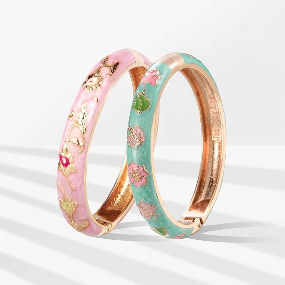 UJOY Cloisonne Bracelet Butterfly Gold Hinge Cuff Bangle Enameled Jewelry Flower Bracelets For Women Gift Box 55A114-7504