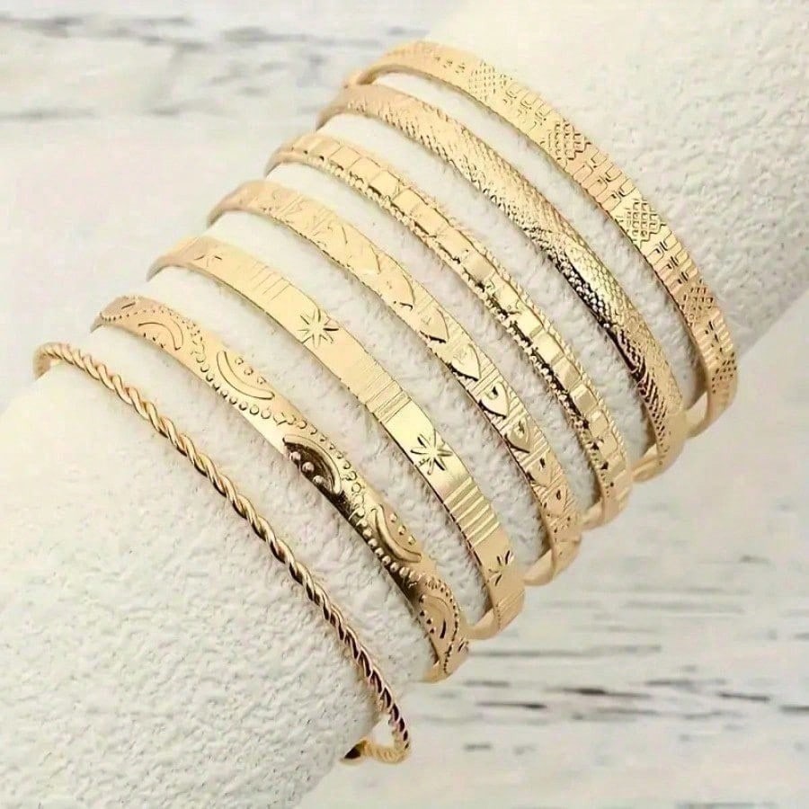 7pcs Gold & Silver Mix Bracelet Set - Women's Fashion Disco Style Stackable Bracelets, Chunky Metallic Jewelry, Perfect For Parties, Dates & Daily Layering