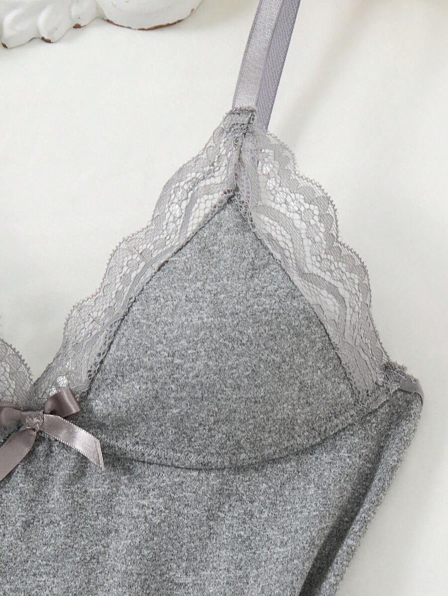 2pcs Lace Patchwork, Bow Decor, Romantic Side Slit Camisole Nightgown ,Vacation