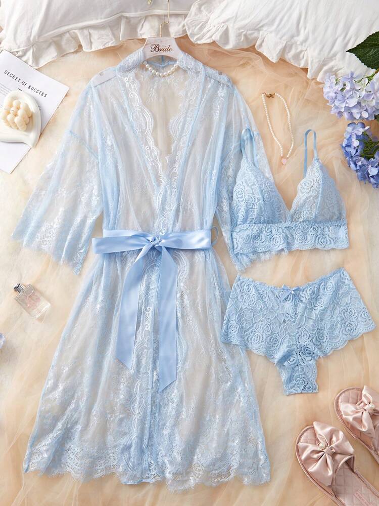 Deep V-Neck Lace Semi-Sheer Fashionable Charming Design Lingerie Set, Sexy Sleepwear For Women
