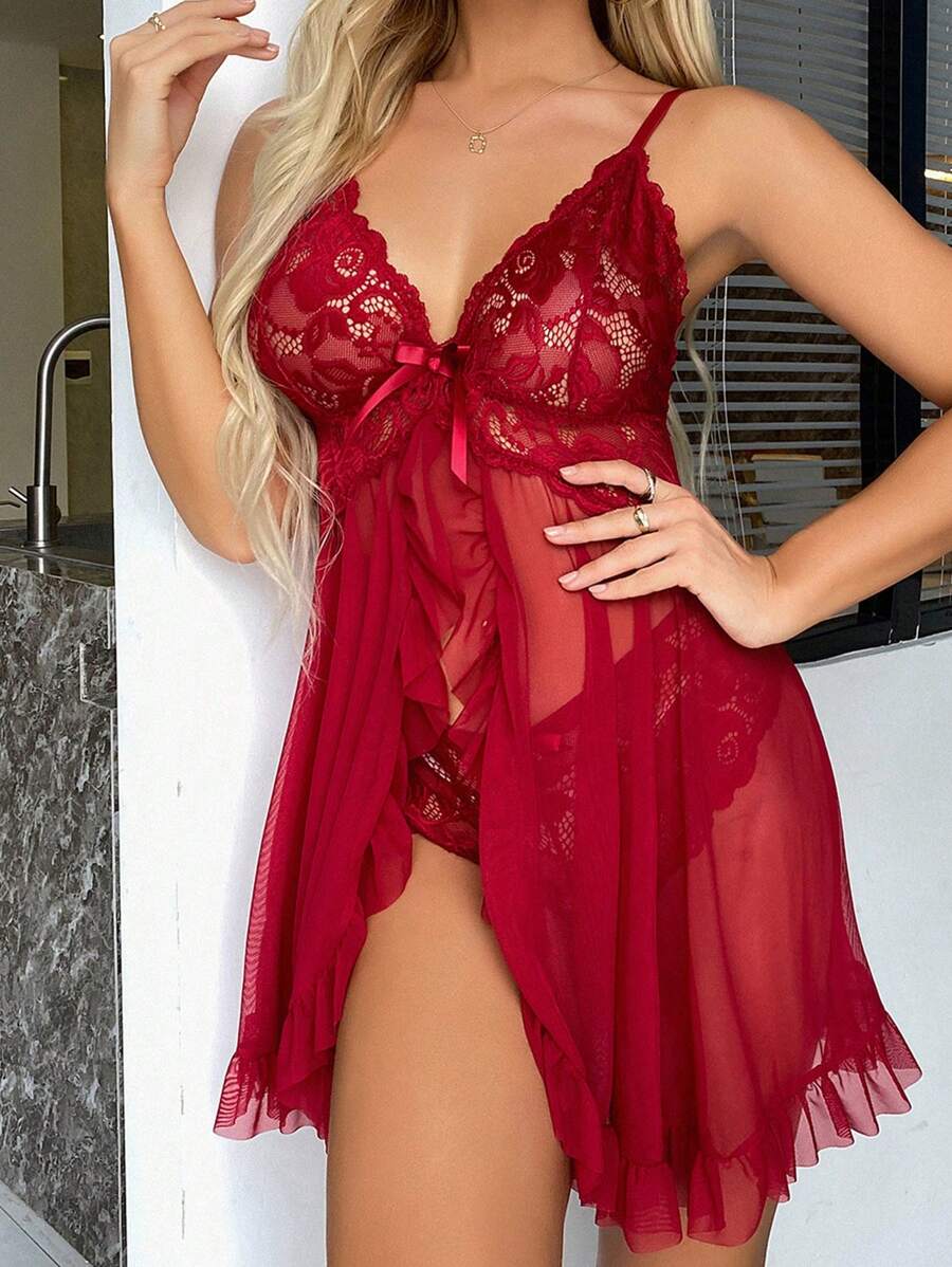 2pcs Lace Sexy Lingerie Set For Women, Suitable For Sleepwear And Loungewear