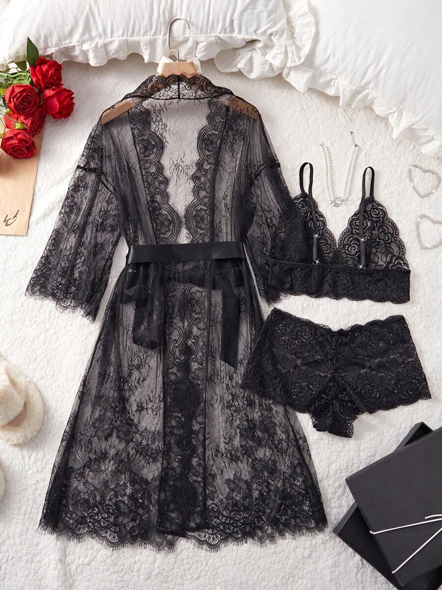 Deep V-Neck Lace Semi-Sheer Fashionable Charming Design Lingerie Set, Sexy Sleepwear For Women