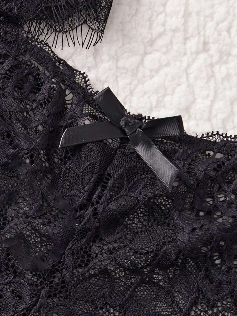 Deep V-Neck Lace Semi-Sheer Fashionable Charming Design Lingerie Set, Sexy Sleepwear For Women