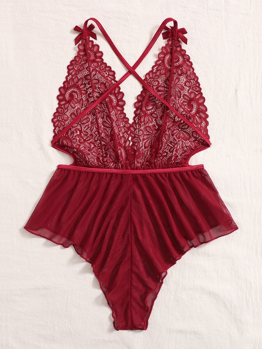 Classic Sexy Contrast Lace Sheer Mesh Backless Cross Teddy Bodysuit Lingerie