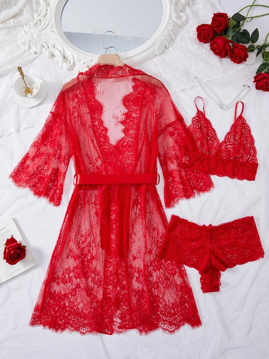 Deep V-Neck Lace Semi-Sheer Fashionable Charming Design Lingerie Set, Sexy Sleepwear For Women
