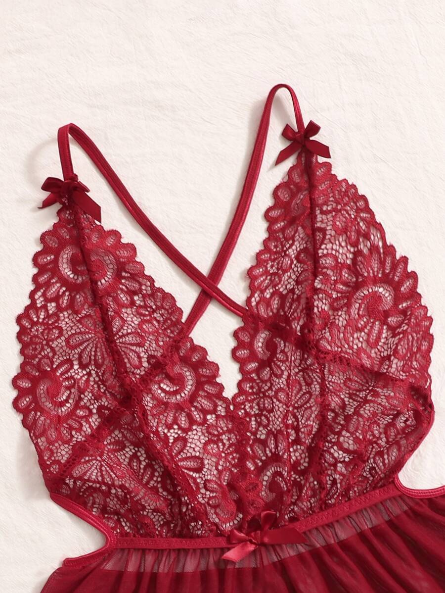 Classic Sexy Contrast Lace Sheer Mesh Backless Cross Teddy Bodysuit Lingerie