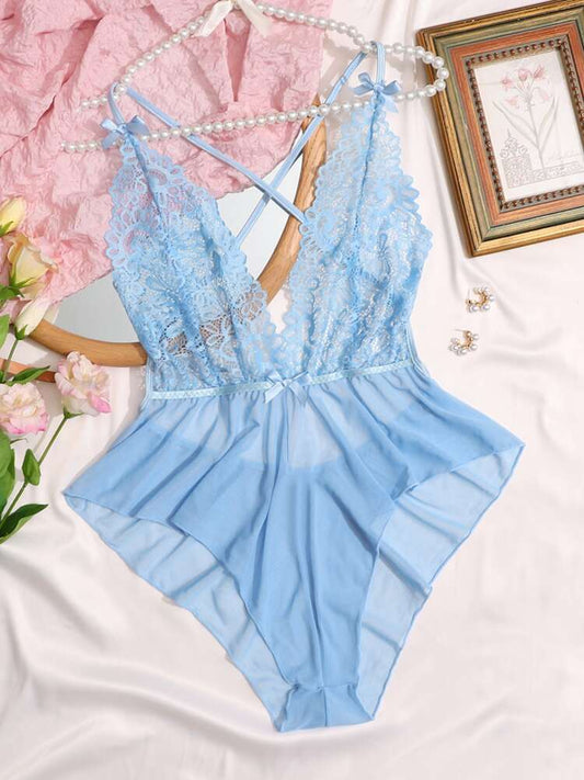 Classic Sexy Contrast Lace Sheer Mesh Backless Cross Teddy Bodysuit Lingerie