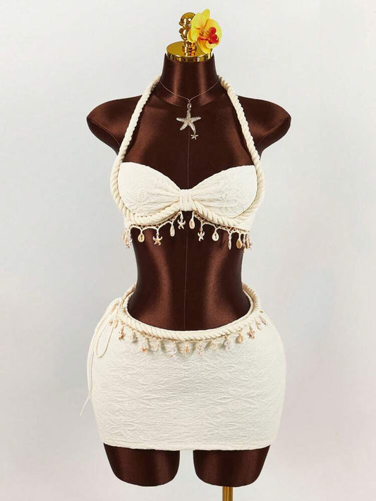 Amplova 2pcs Set: Rope, Starfish & Shell Pendant Decorated Cropped Tank Top And Mini Skirt