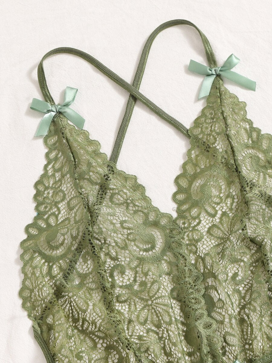 Classic Sexy Contrast Lace Sheer Mesh Backless Cross Teddy Bodysuit Lingerie