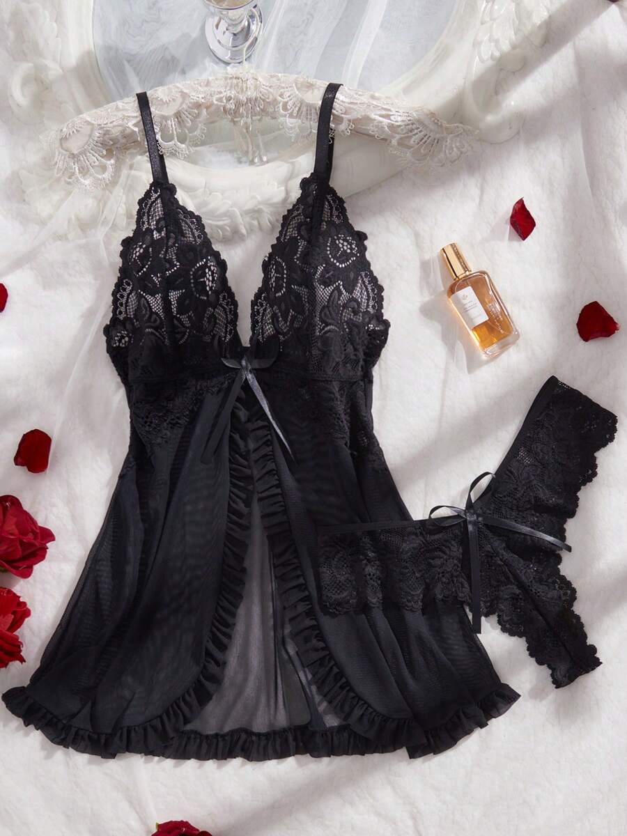 2pcs Lace Sexy Lingerie Set For Women, Suitable For Sleepwear And Loungewear