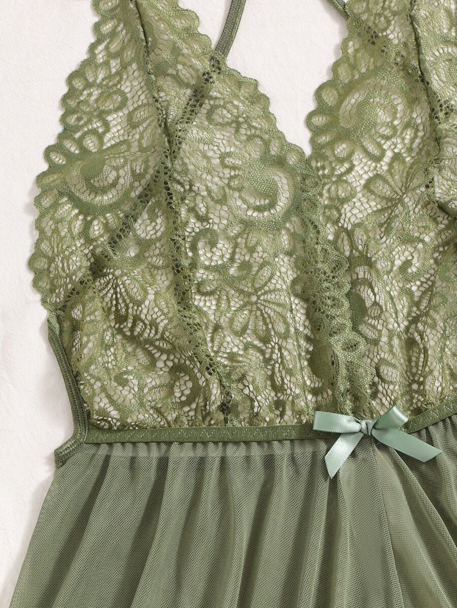 Classic Sexy Contrast Lace Sheer Mesh Backless Cross Teddy Bodysuit Lingerie