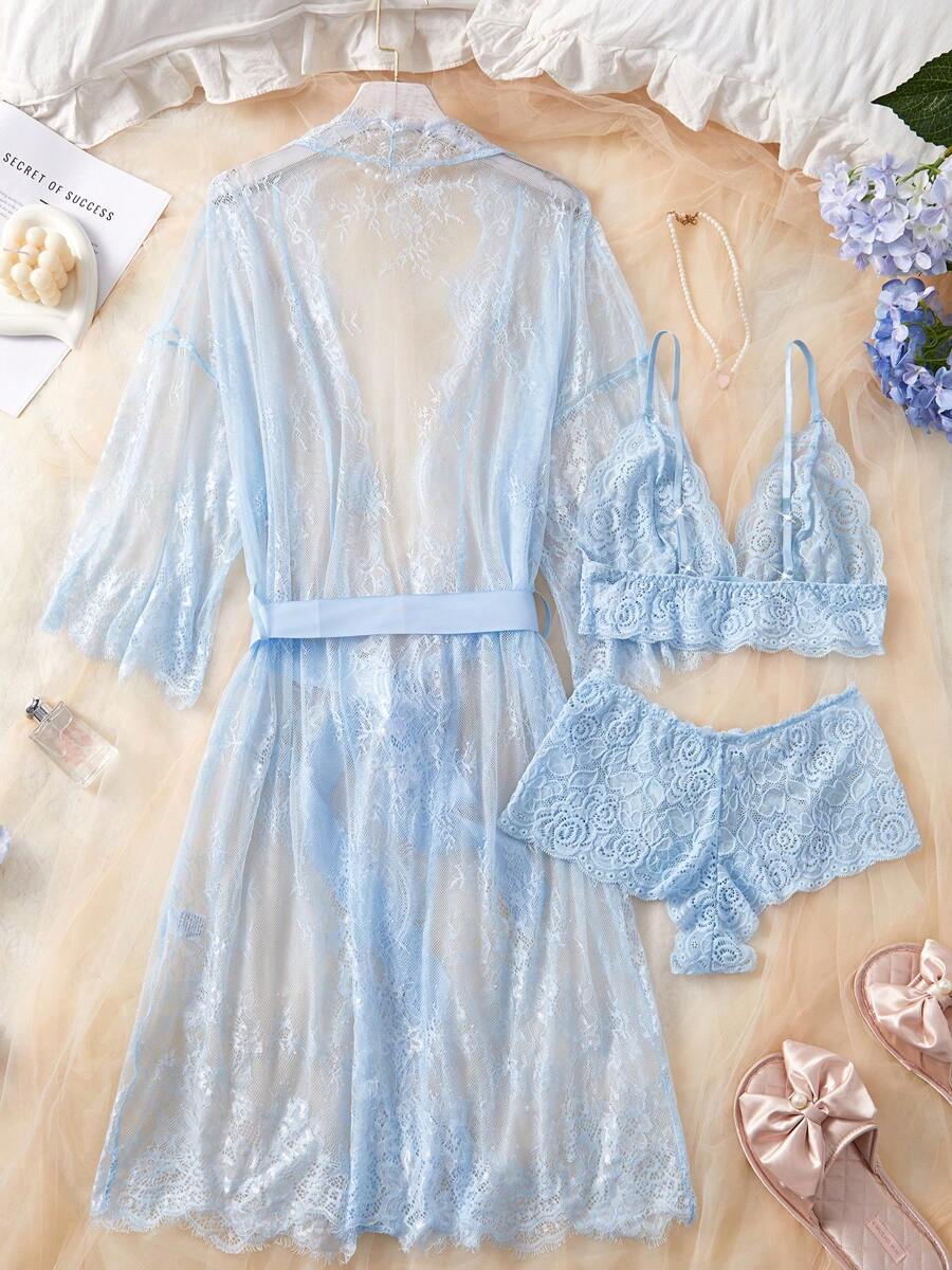 Deep V-Neck Lace Semi-Sheer Fashionable Charming Design Lingerie Set, Sexy Sleepwear For Women