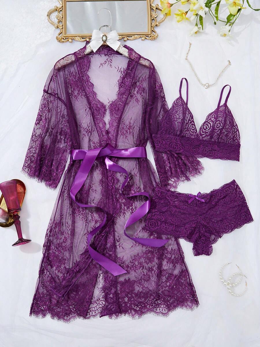 Deep V-Neck Lace Semi-Sheer Fashionable Charming Design Lingerie Set, Sexy Sleepwear For Women
