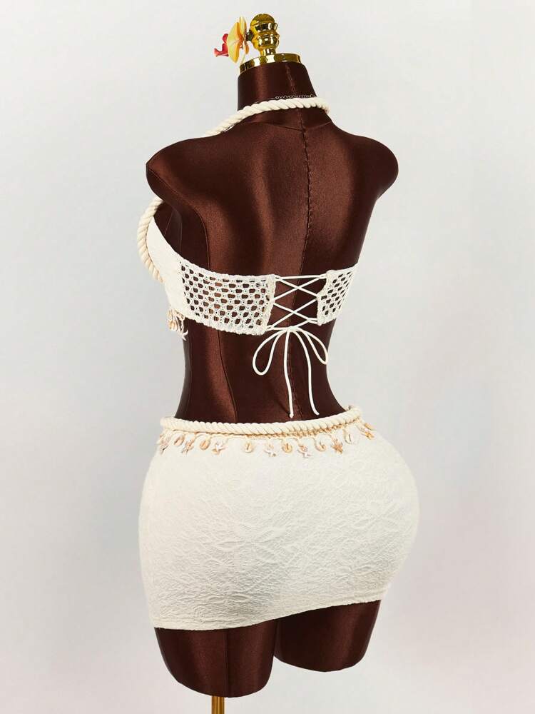 Amplova 2pcs Set: Rope, Starfish & Shell Pendant Decorated Cropped Tank Top And Mini Skirt