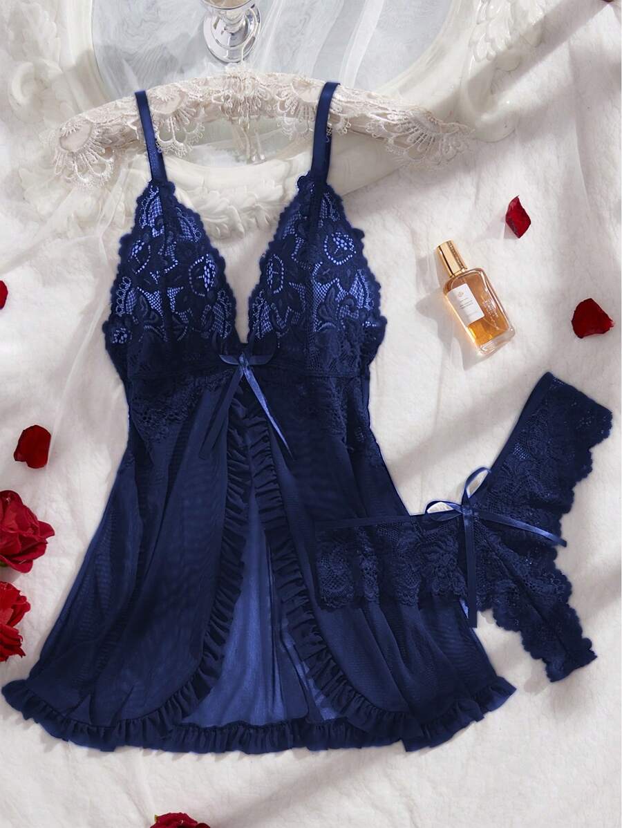 2pcs Lace Sexy Lingerie Set For Women, Suitable For Sleepwear And Loungewear
