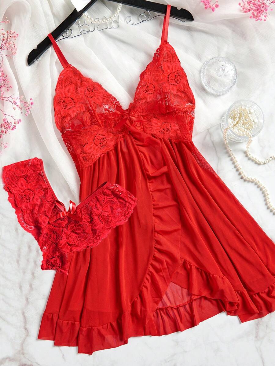 2pcs Lace Sexy Lingerie Set For Women, Suitable For Sleepwear And Loungewear