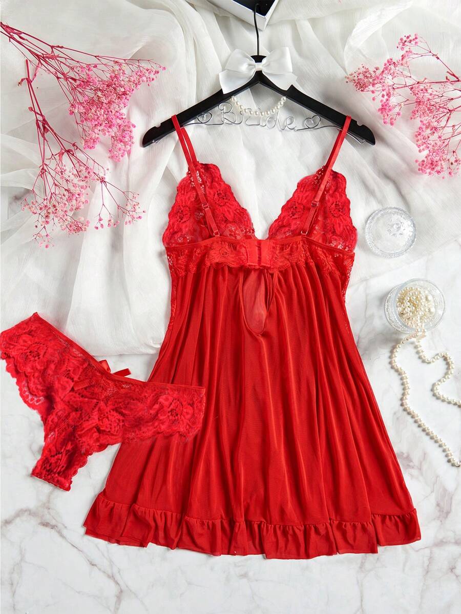 2pcs Lace Sexy Lingerie Set For Women, Suitable For Sleepwear And Loungewear