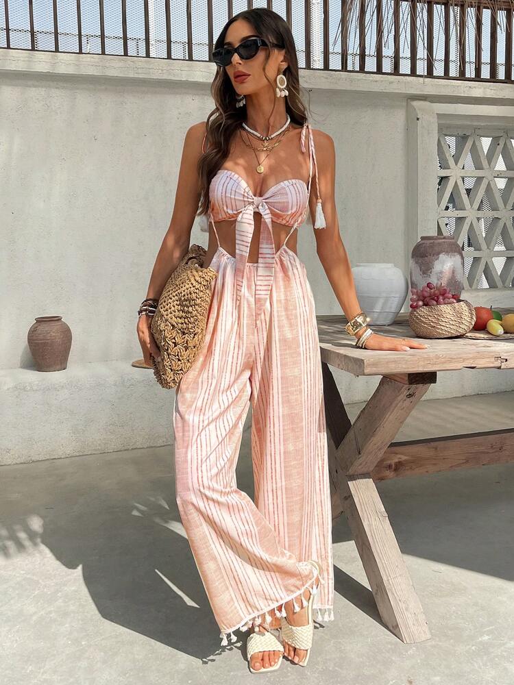 KARISMINA Women's Vacation Casual Striped Bandeau Top And Fringed Long Pants 2 Pieces Set Island Vacation Outfits