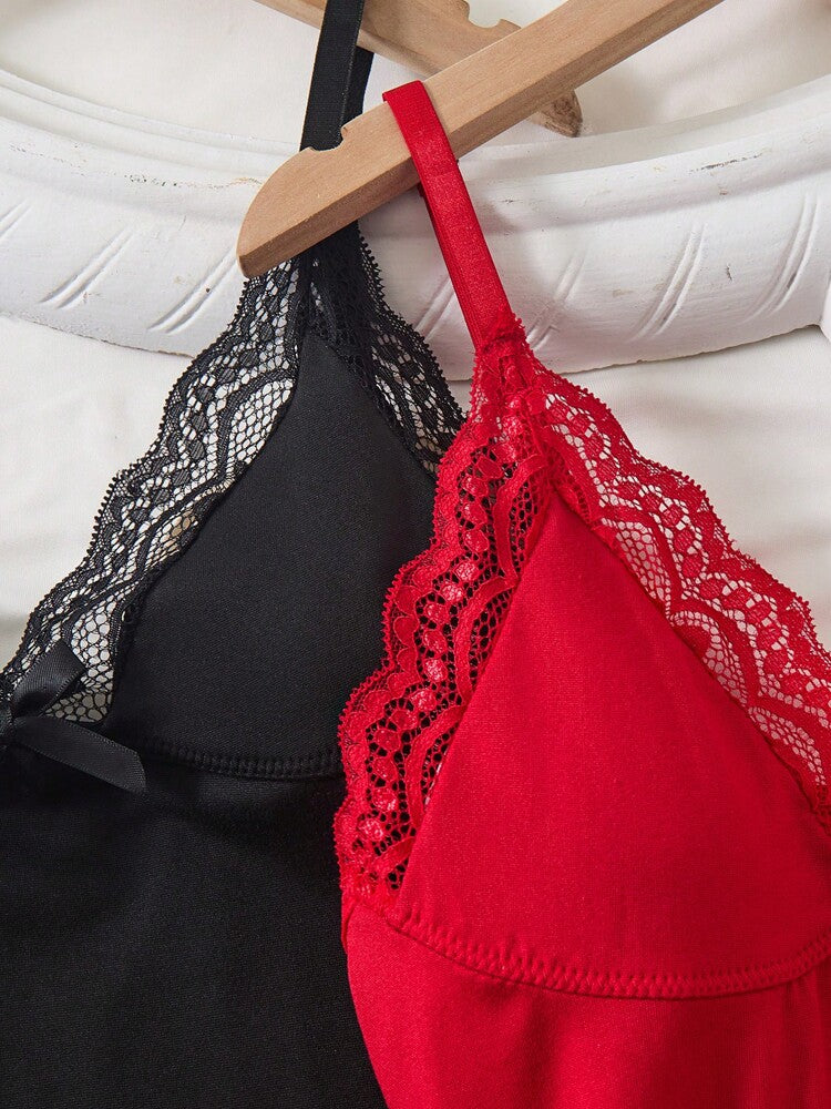 2pcs Lace Patchwork, Bow Decor, Romantic Side Slit Camisole Nightgown ,Vacation