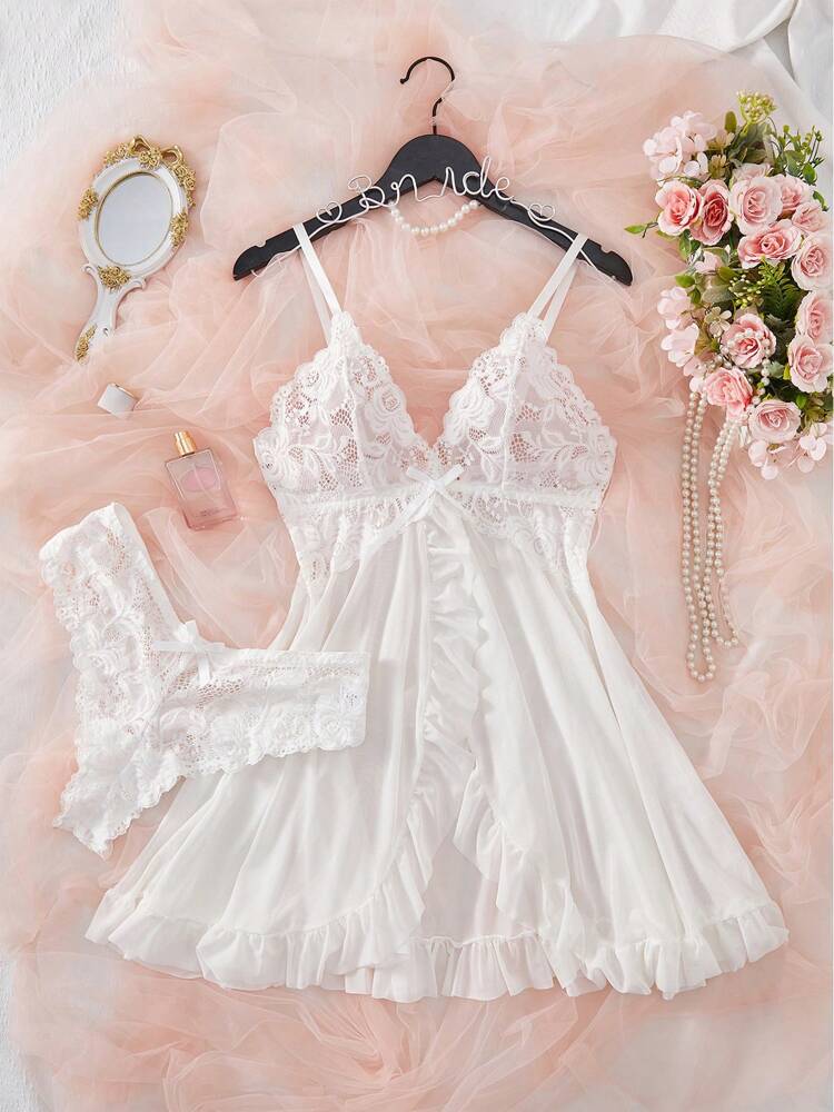 2pcs Lace Sexy Lingerie Set For Women, Suitable For Sleepwear And Loungewear