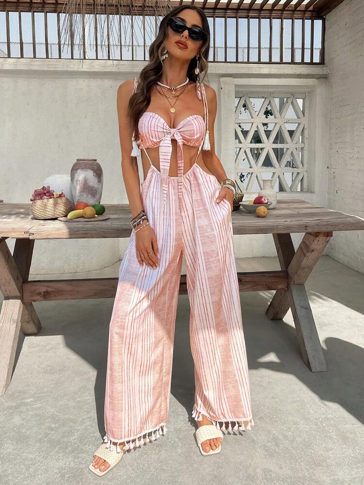 KARISMINA Women's Vacation Casual Striped Bandeau Top And Fringed Long Pants 2 Pieces Set Island Vacation Outfits