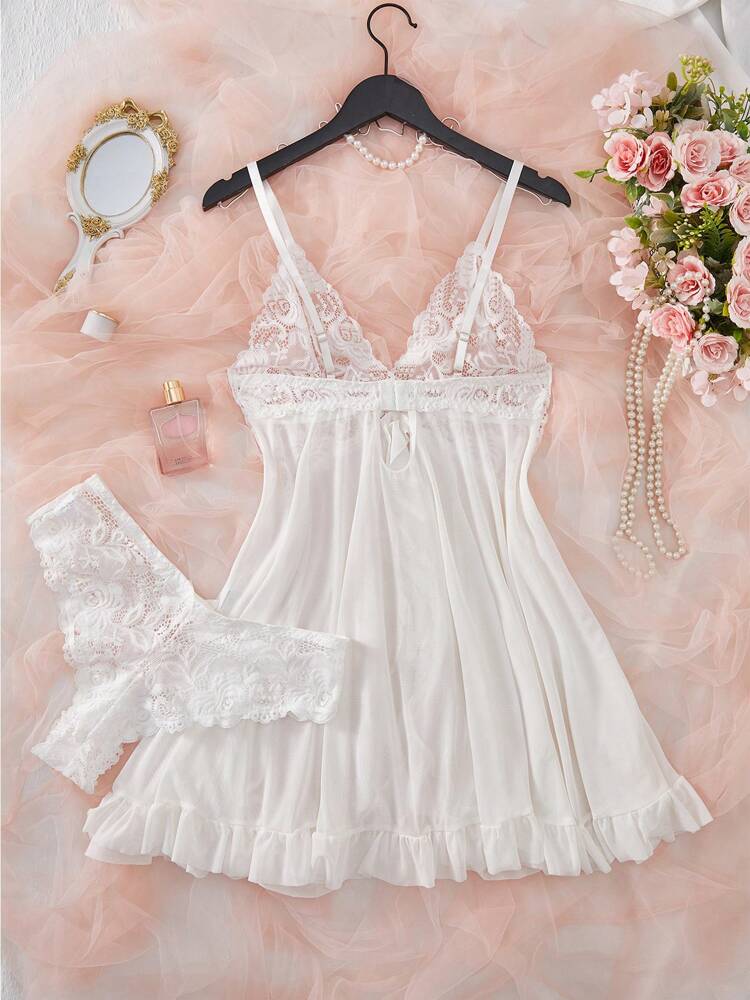 2pcs Lace Sexy Lingerie Set For Women, Suitable For Sleepwear And Loungewear