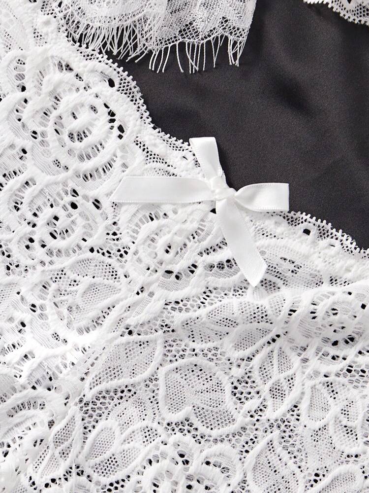 Deep V-Neck Lace Semi-Sheer Fashionable Charming Design Lingerie Set, Sexy Sleepwear For Women