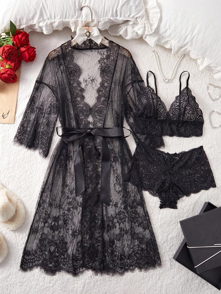 Deep V-Neck Lace Semi-Sheer Fashionable Charming Design Lingerie Set, Sexy Sleepwear For Women
