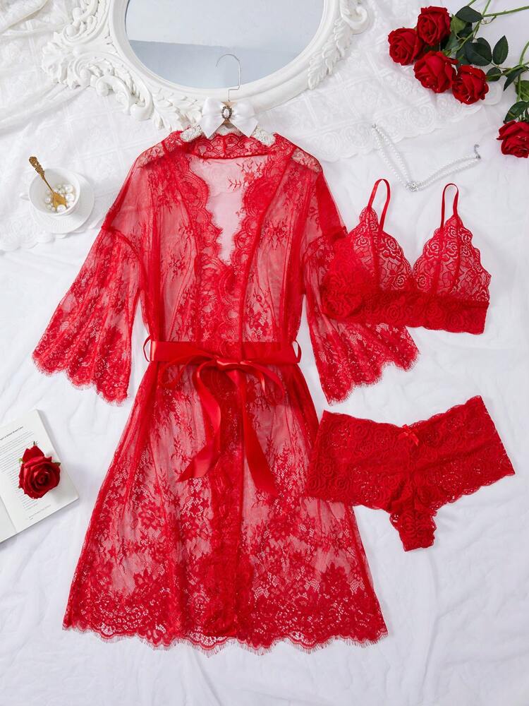 Deep V-Neck Lace Semi-Sheer Fashionable Charming Design Lingerie Set, Sexy Sleepwear For Women